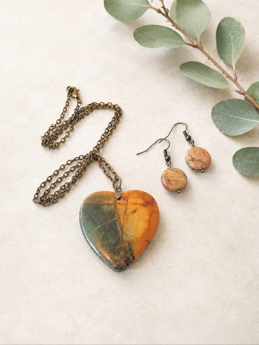 Picasso Jasper Heart Pendant Necklace & Matching Earrings Set | 20 Inch Necklace